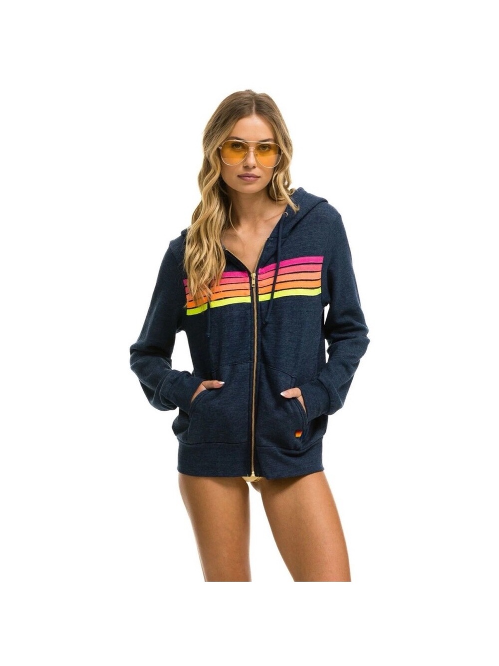 Aviator Nation 5 Stripe Zip up Hoodie - Heather Navy // Neon Stripes Large